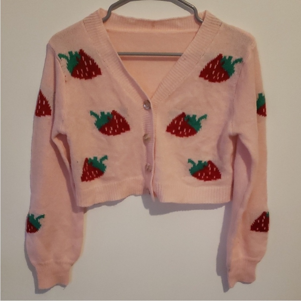 Super Cute Pink Cardigan, Button Closure, size Small, Strawberries, like new!